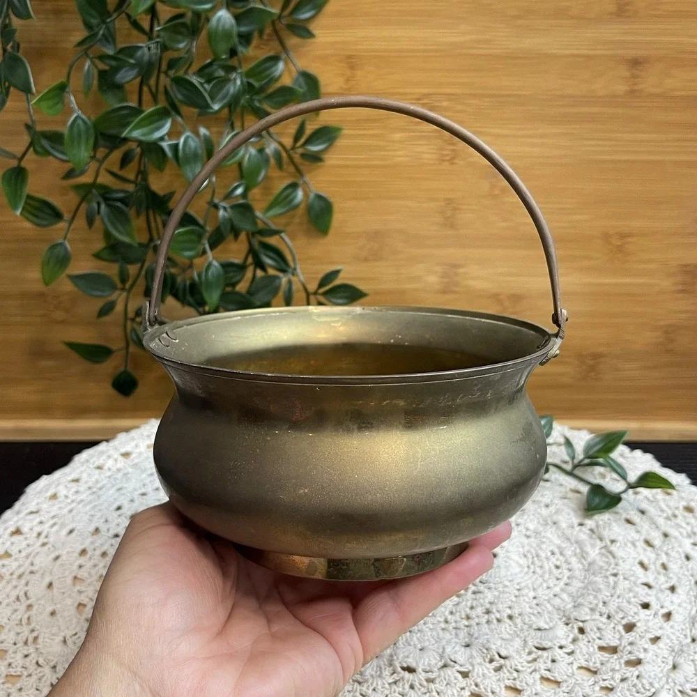 Vintage Brass Cauldron Planter Pot Bucket with Swing Handle Rustic Boho Decor 6